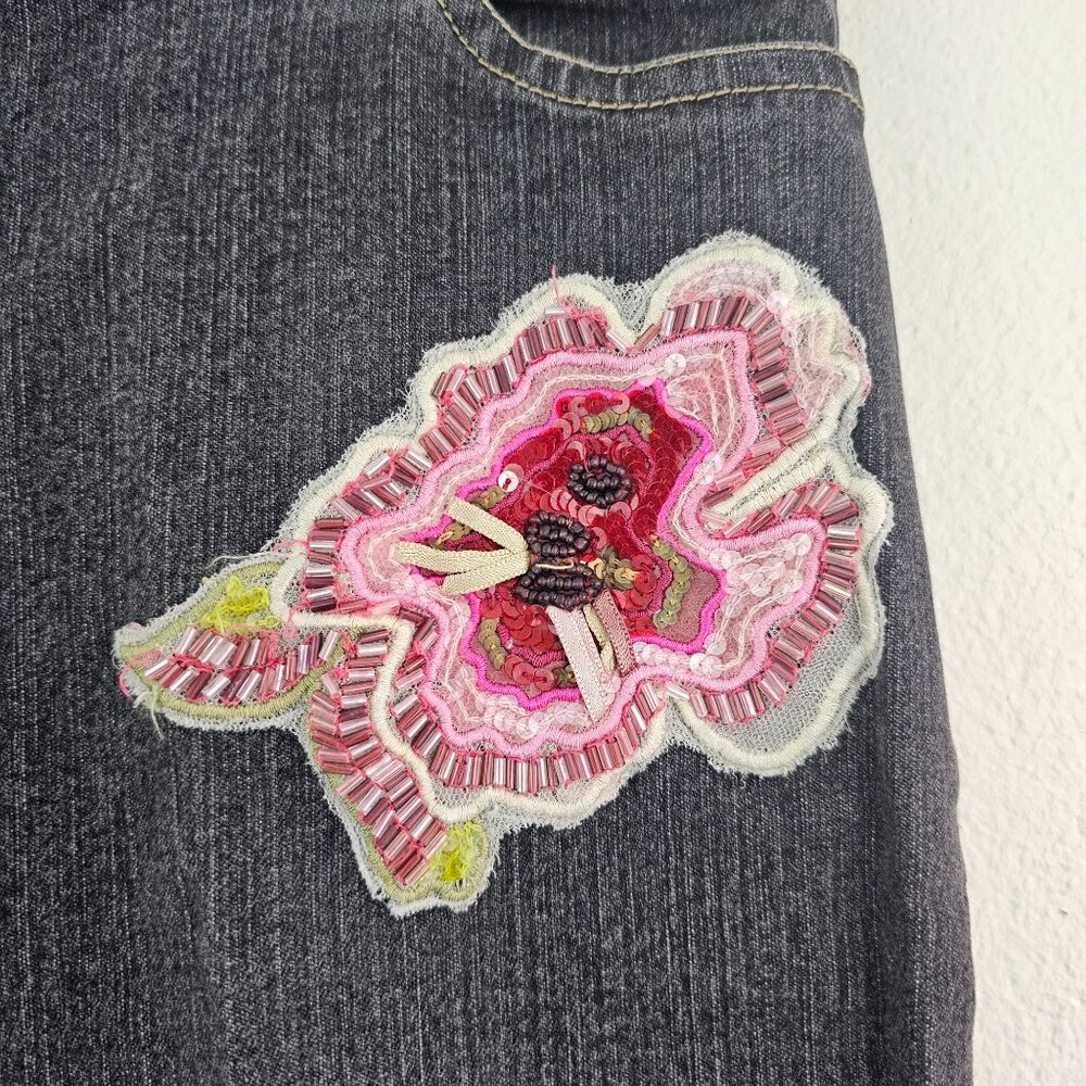 R Denim Womens Sz 12 Floral Beaded Embroidered Y2K Straight Leg Jeans Black Wash - Picture 2 of 10